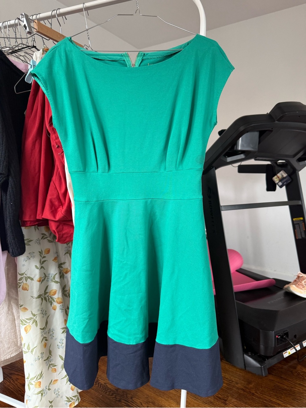 Women's Green Fit-and-Flare Dress with Navy Hem